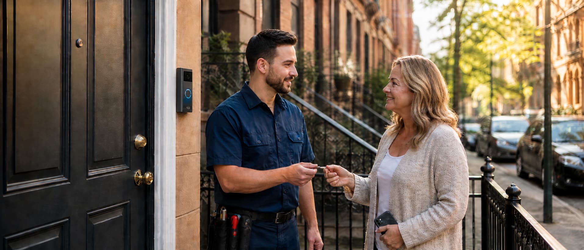 Professional locksmith handing a house key to a relieved customer outside a New York home.